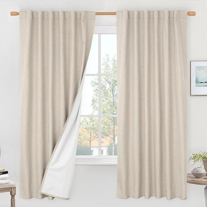 LAMIT 100% Blackout Natural Linen Curtains, 72 Inches Linen Textured Thermal by LAMIT
