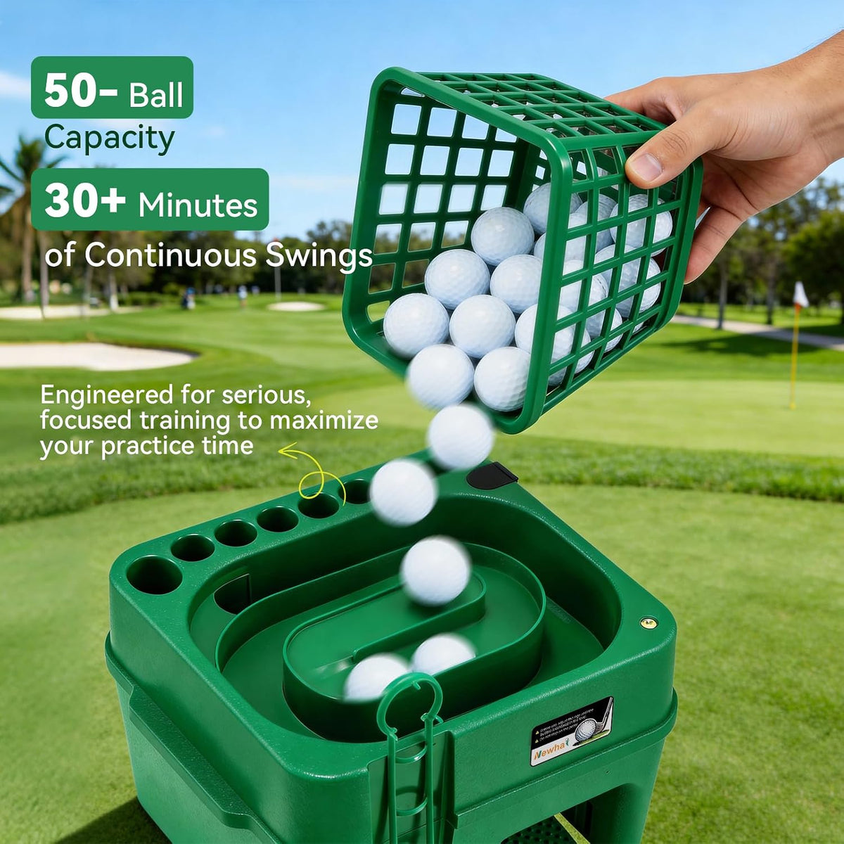 newhai upgraded golf dispenser, 50-ball capacity, 2 ramps shown in use