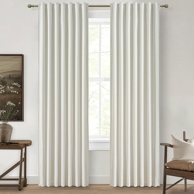 Beige White Cute Blackout Pleated Curtains 86 Inches Long 2 Pack, Insulated by QJMYDECO