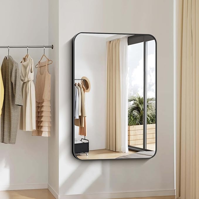 Bathroom Mirror, 48x36 inch Black Rectangle Wall Mirror, Metal Frame Rounded - Image 5