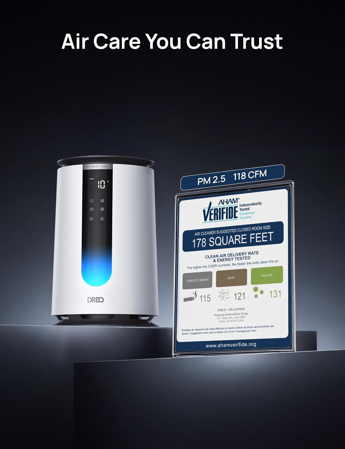 dreo air purifier for home, hepa sleep mode shown in use