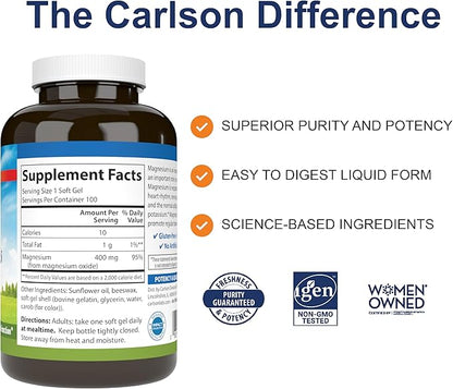 Carlson - Magnesium Gels, 400 mg of Magnesium per Softgel, Heart & Muscle - Image 2