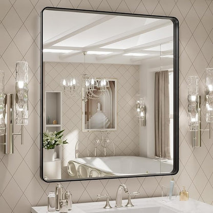 LOAAO 32x36 Inch Black Metal Framed Bathroom Mirror by LOAAO