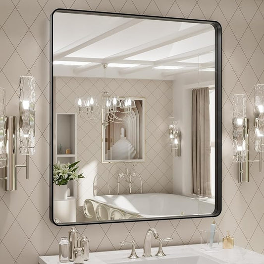 LOAAO 32x36 Inch Black Metal Framed Bathroom Mirror by LOAAO
