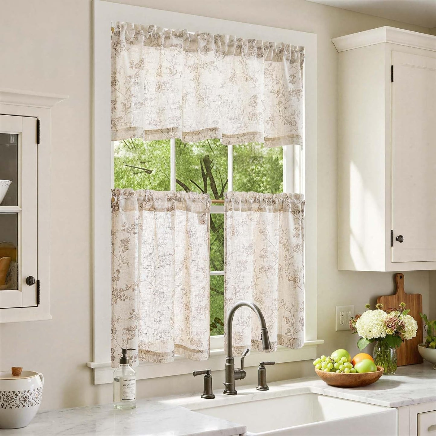 jinchan Floral Kitchen Curtains Set 24 Inch Length Farmhouse Linen Cafe Curtains and Valance Set for Living Room Bathroom Small Window Treatments Rod Pocket 3 Panels Taupe on Linen