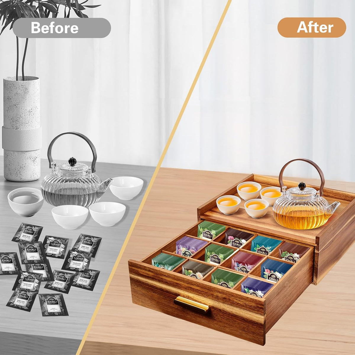 NANXITU Acacia Wood Tea Holder Organizer, Tea Box Organizer Storage Box
