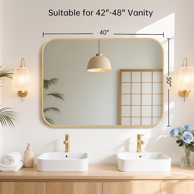 40x30 Inch Gold Bathroom Mirror, Brushed Gold Metal Framed Rectangular Mirror - Image 7