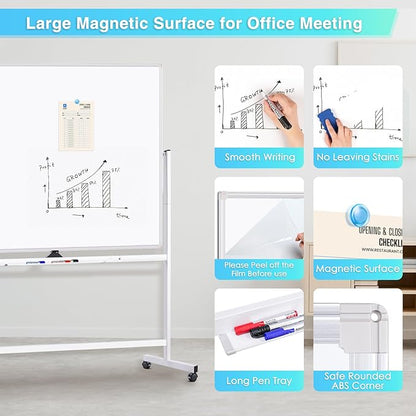 maxtek Rolling Whiteboard 72x48, Large Double-Sided White Board Dry Erase on - Image 5