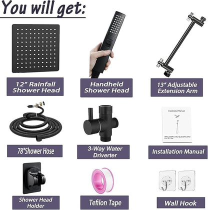 12" High Pressure Square Rain Shower Head and 2-in-1 Hand Shower, Rainfall - Image 2