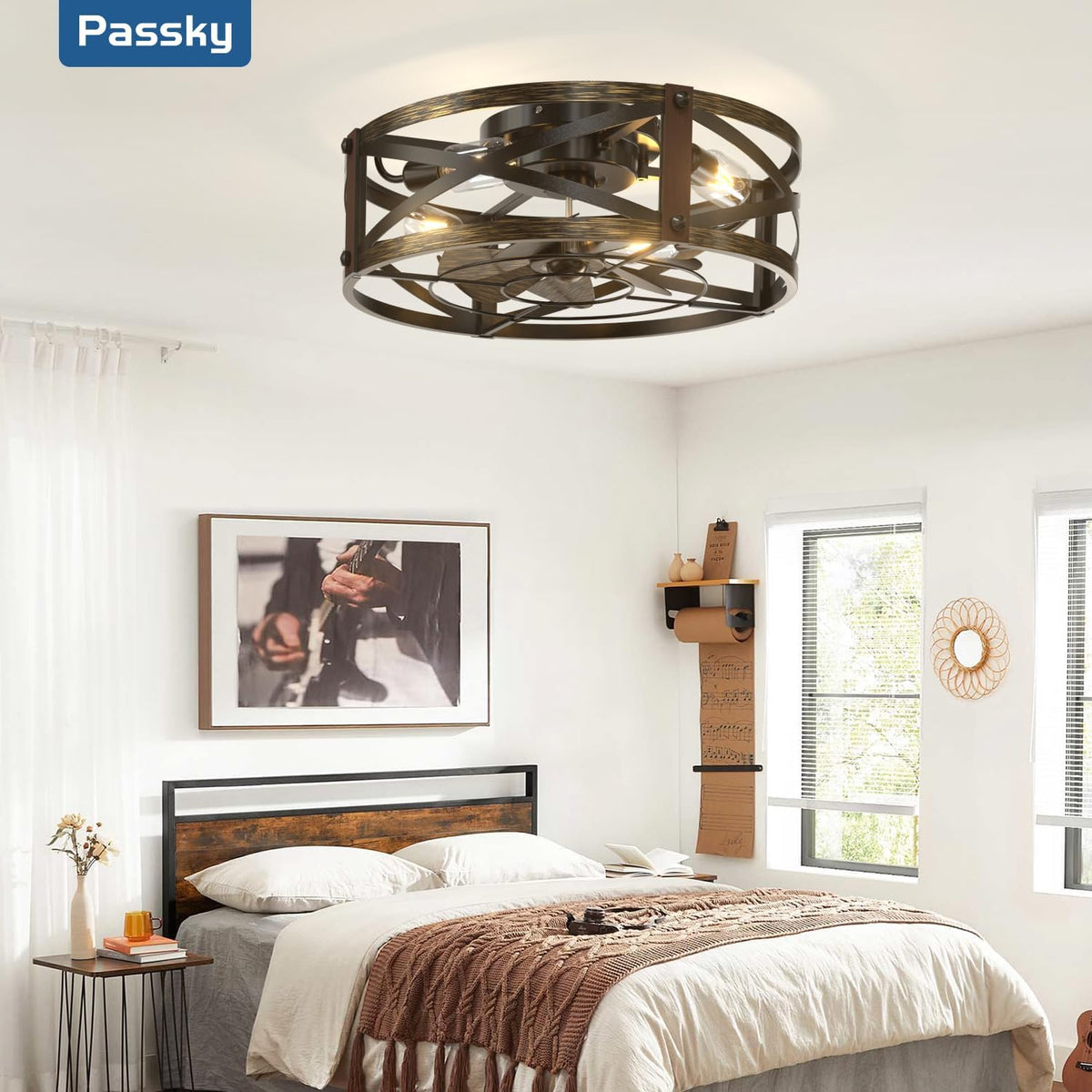 Passky 20" Caged Ceiling Fans with Lights and Remote, Low Profile Fandelier