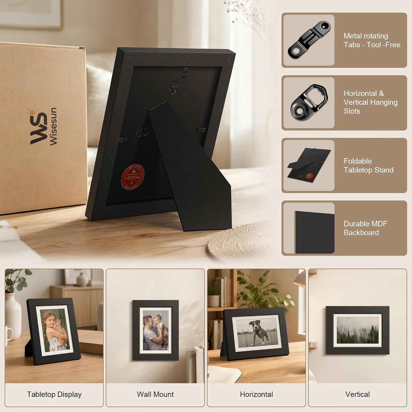 5x7 Picture Frame Black - 3 Pack, Solid Wood Frame, with HD Tempered Glass, Displays 4x6 or 5 x 7 Photo, for Tabletop & Wall in Living Room, Bedroom, Office, Gallery