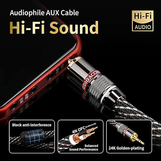 Audiophile HiFi Audio Cable–3.5mm to 3.5mm, 6N OFC Core, 24K Gold-Plated Plugs - Image 8