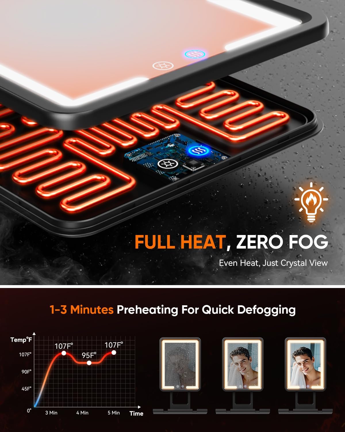 Heated Shower Mirror Fogless for Shaving (Gen 3) - 3 Colors Stepless Dimmable Lights, Anti-Fog Shaving Mirror with Razor Holder, No-Drilling, Removable - Black
