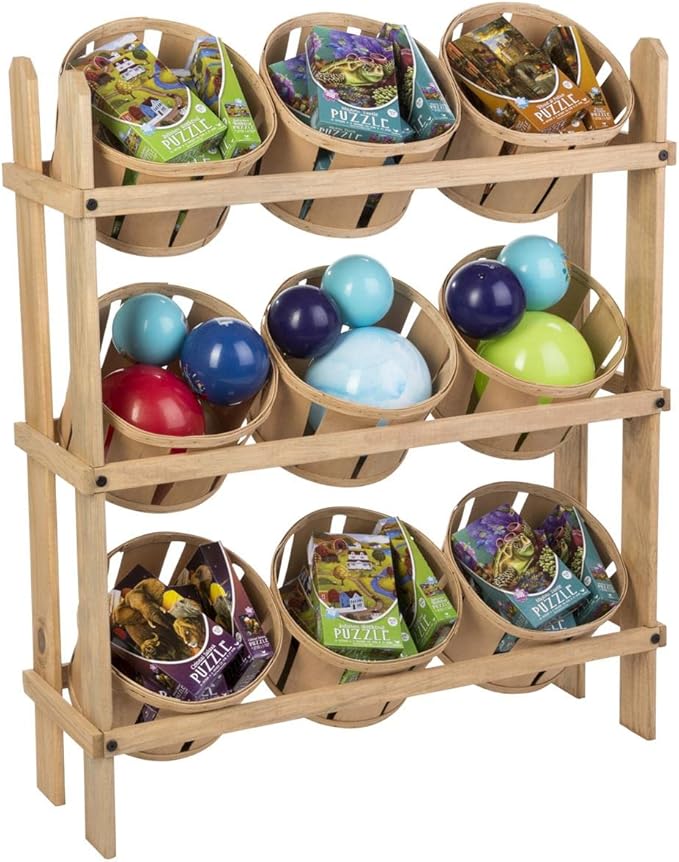 Displays2go Tiered Wooden Display, Floor Standing, 9 Baskets – Oak - Image 3