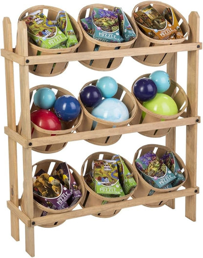 Displays2go Tiered Wooden Display, Floor Standing, 9 Baskets – Oak - Image 3