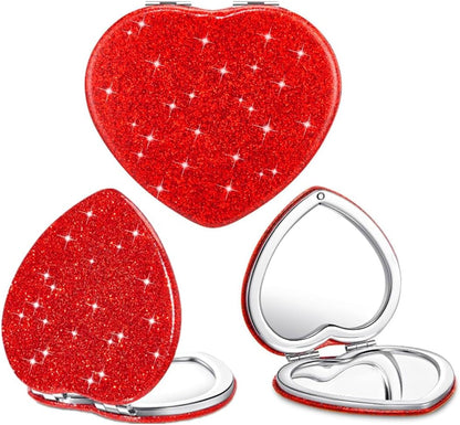 Red Heart Shaped Compact Mirror for Purse,1x/2x Magnification Cute Travel Mirror with Glitter,2.76 inch Double-Sided Mini Folding Mirror,Small Pocket Mirror for Gift,Travel Essentials