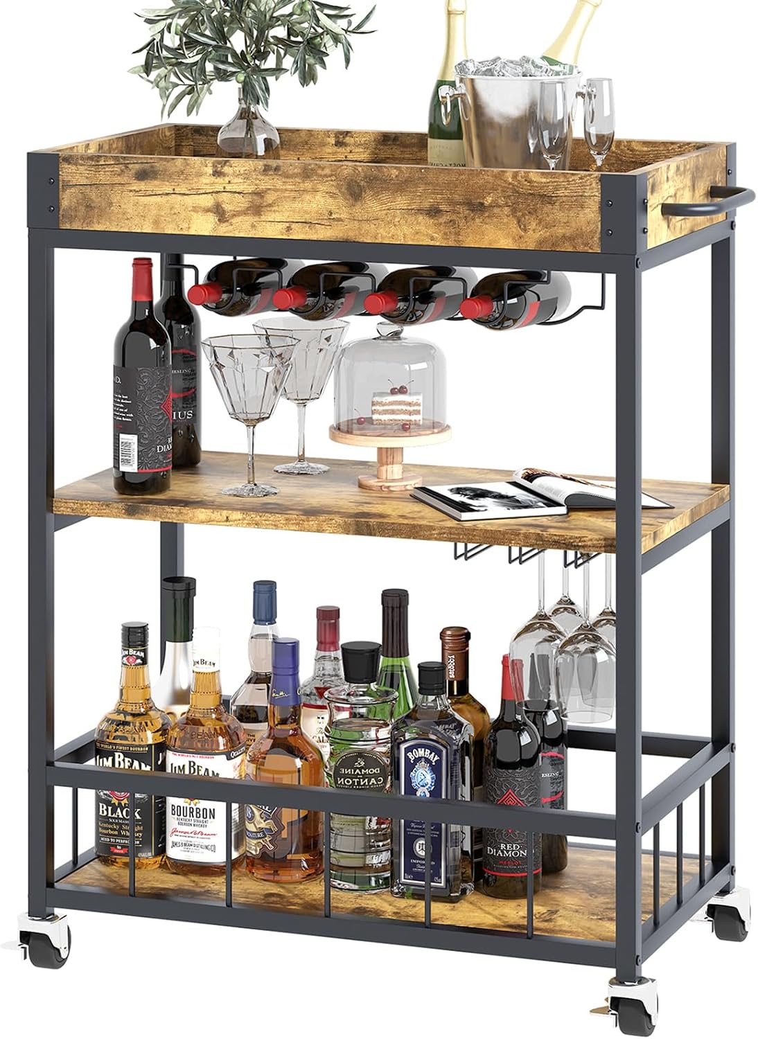 Bar Cart Serving Wine 3 Tier Home Rolling Rack with Wheels Mobile Kitchen Ind...