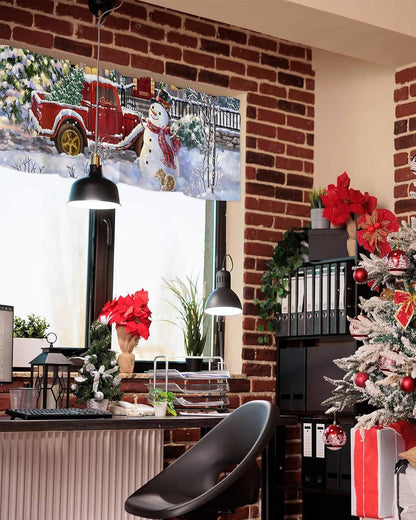 Christmas Curtain For Kitchen Windows Snowman Xmas Kitchen Curtain Valances Red Truck with Christmas Tree Window Curtain Treatment Short Topper Curtains Seasonal Valance Christmas Decor,42 x12 inch