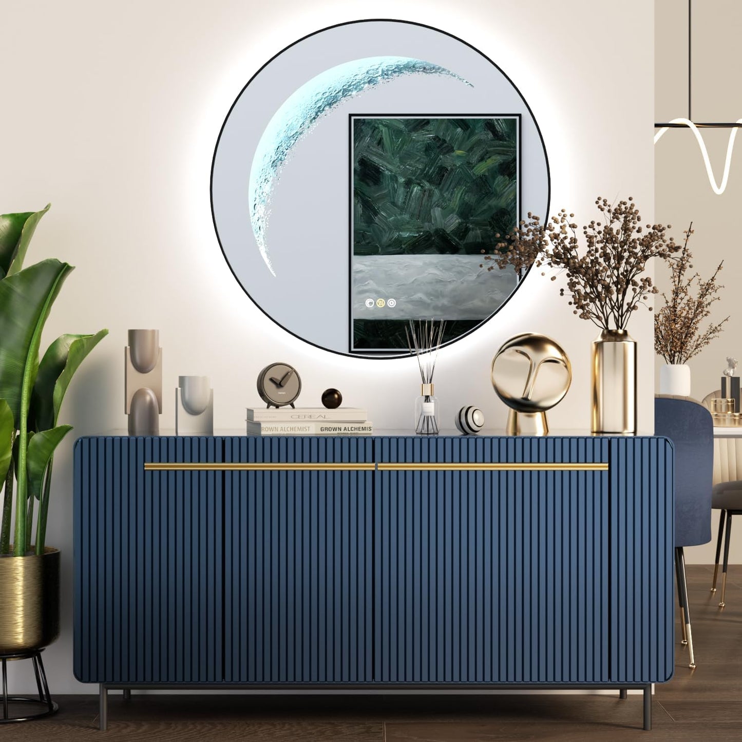 Black Round Mirror 30 inch, Circle Framed Mirror with Backlit & Half Moon Light, Anti-Fog, 3 Color Modes, Dimming Wall-Mounted LED Mirrors for Bathroom, Home Decor, Bathroom, Entryway