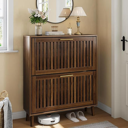 Shoe Storage Cabinet with 2 Flip Slatted Drawers, Narrow Wood Shoe Cabinet with by SmartFENDEE
