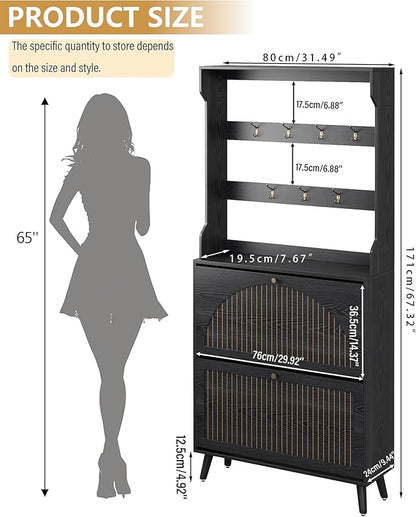 Shoe Cabinet for Entryway with 2 Flip Drawers & Coat Rack, Narrow Hidden Shoe - Image 2