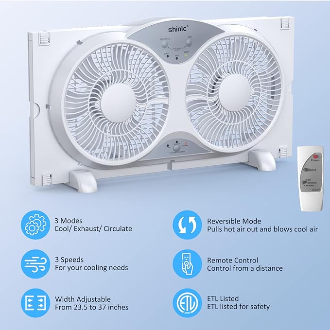 shinic 9" Twin Window Fan with Reversible Airflow, Removable Cover and Bug - Image 3