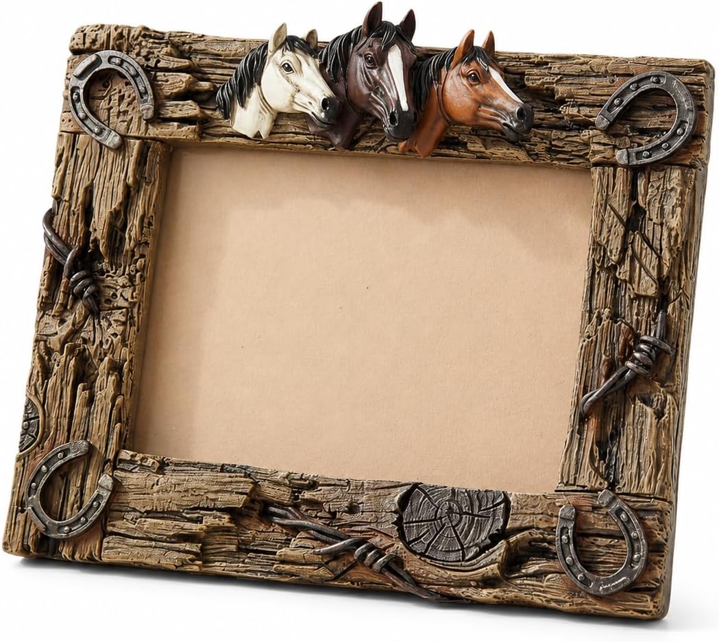 Comfy Hour Horse Figurine Photo Frame 10.7 Inch, Western Picture Frame for 5x7 Photos, Rustic Brown Resin Cowboy Decor for Desk, Mantel, Office