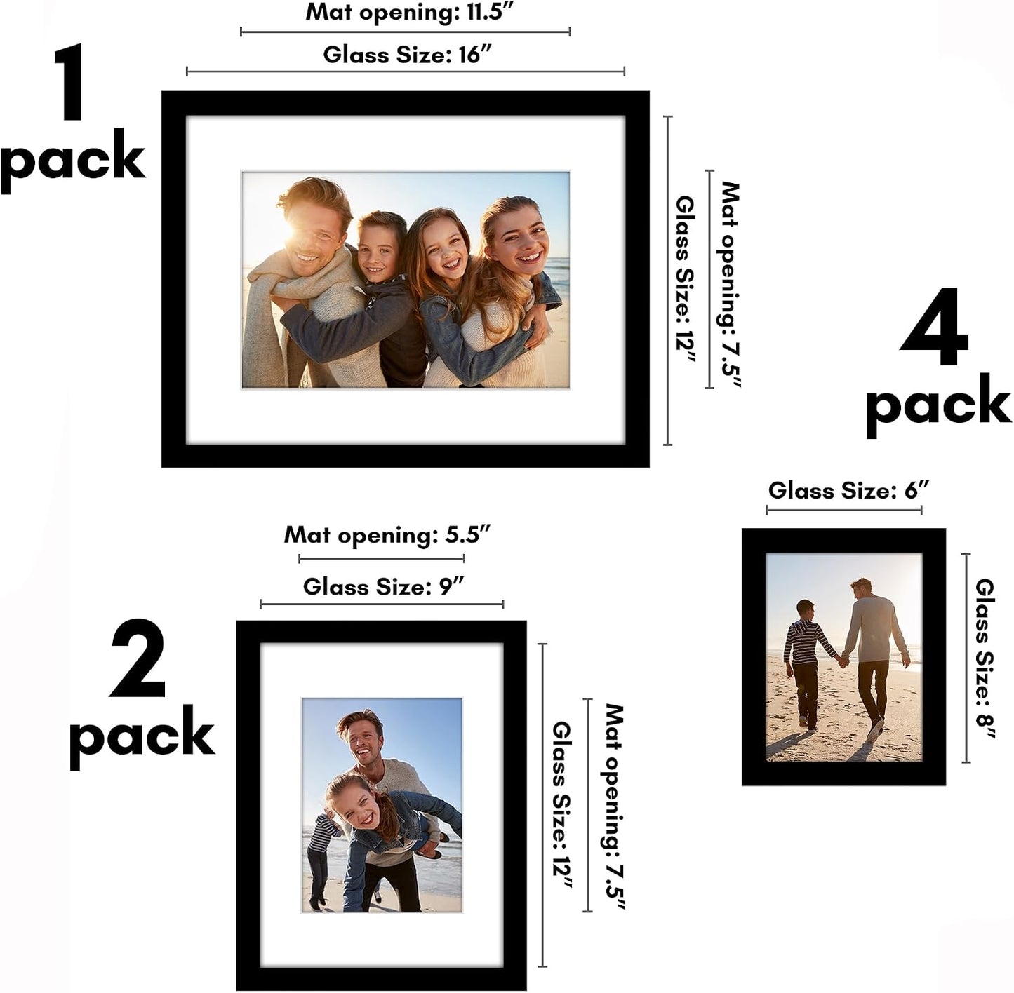 Americanflat Set of 7 Picture Frames with Shatter-Resistant Glass - Gallery Wall Frame Set with One 16x12, Two 9x12, and Four 6x8 Frames - Signature Collection - Black