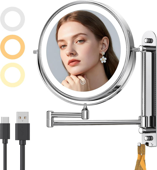 Gospire 9” Wall Mounted Makeup Mirror with Magnification 10X - Chrome | 7in Height Adjustable Vanity Lighted Mirrors for Bathroom Wall, 360° Extended Arm Shaving Wall Mirror with Lights