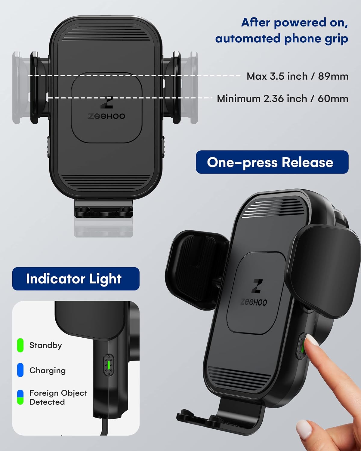 zeehoo wireless car charger, 15w fast charging, auto, close-up detail