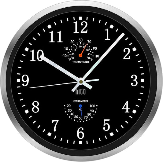 HITO 12 Inch Silent Wall Clock Battery Operated Non Ticking Glass Cover Silver by hito