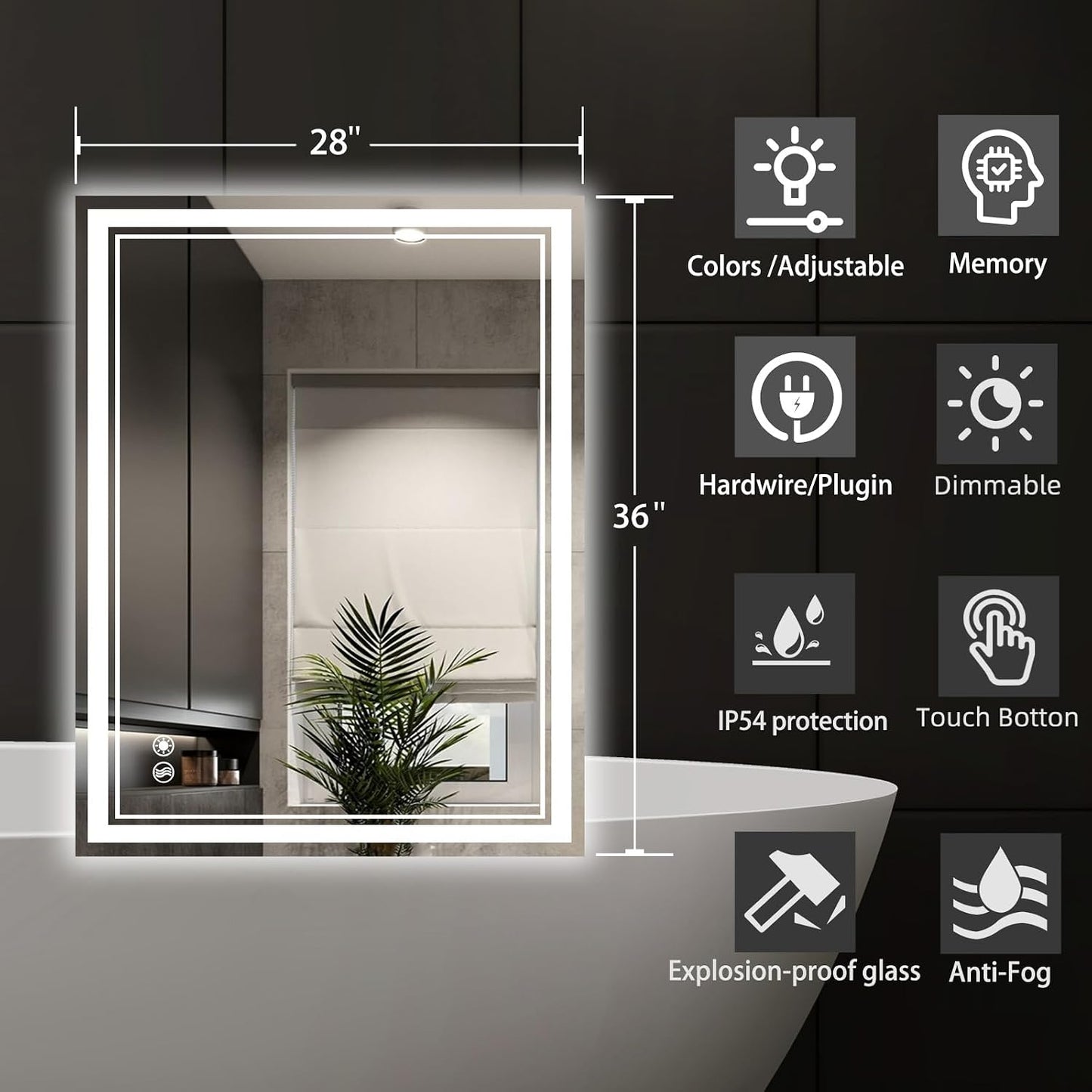 28 x 36'' LED Mirror for Bathroom Anti-Fog Bathroom Mirror Dimmable 3 Colors Touch Sensor Bathroom Mirror with Lights Smart Vanity Mirror Switch/Plug in Wall Mounted Horizontal/Vertical
