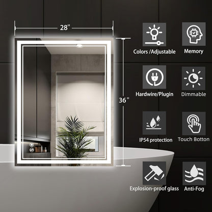28 x 36'' LED Mirror for Bathroom Anti-Fog Bathroom Mirror Dimmable 3 Colors Touch Sensor Bathroom Mirror with Lights Smart Vanity Mirror Switch/Plug in Wall Mounted Horizontal/Vertical