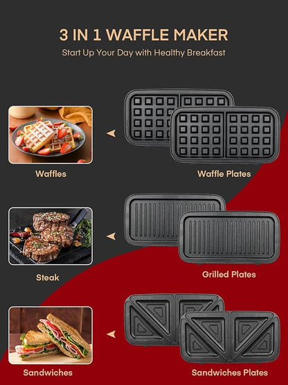 FOHERE Waffle Maker 3 in 1 Sandwich Maker 1200W Panini Press - Image 5