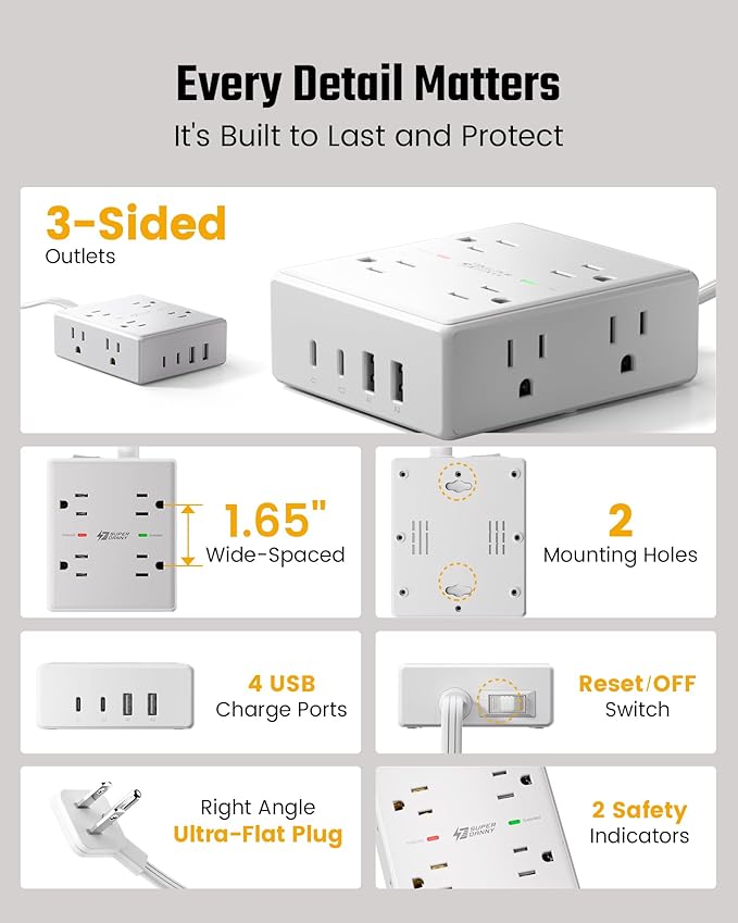 20Ft Long Extension Cord, Flat Plug Power Strip - Image 7