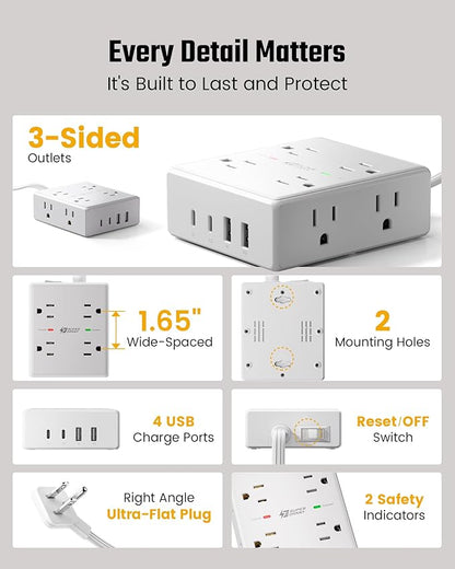 10Ft Extension Cord with Multiple Outlets, Flat Plug Surge Protector Power - Image 8