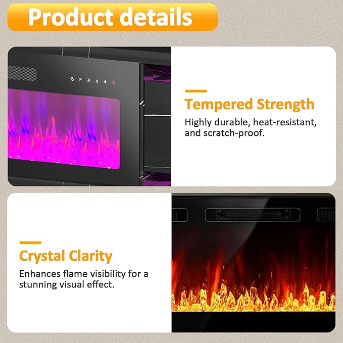36" Electric Fireplace Insert, Wall Mounted & Recessed Heater, Slim - Image 4