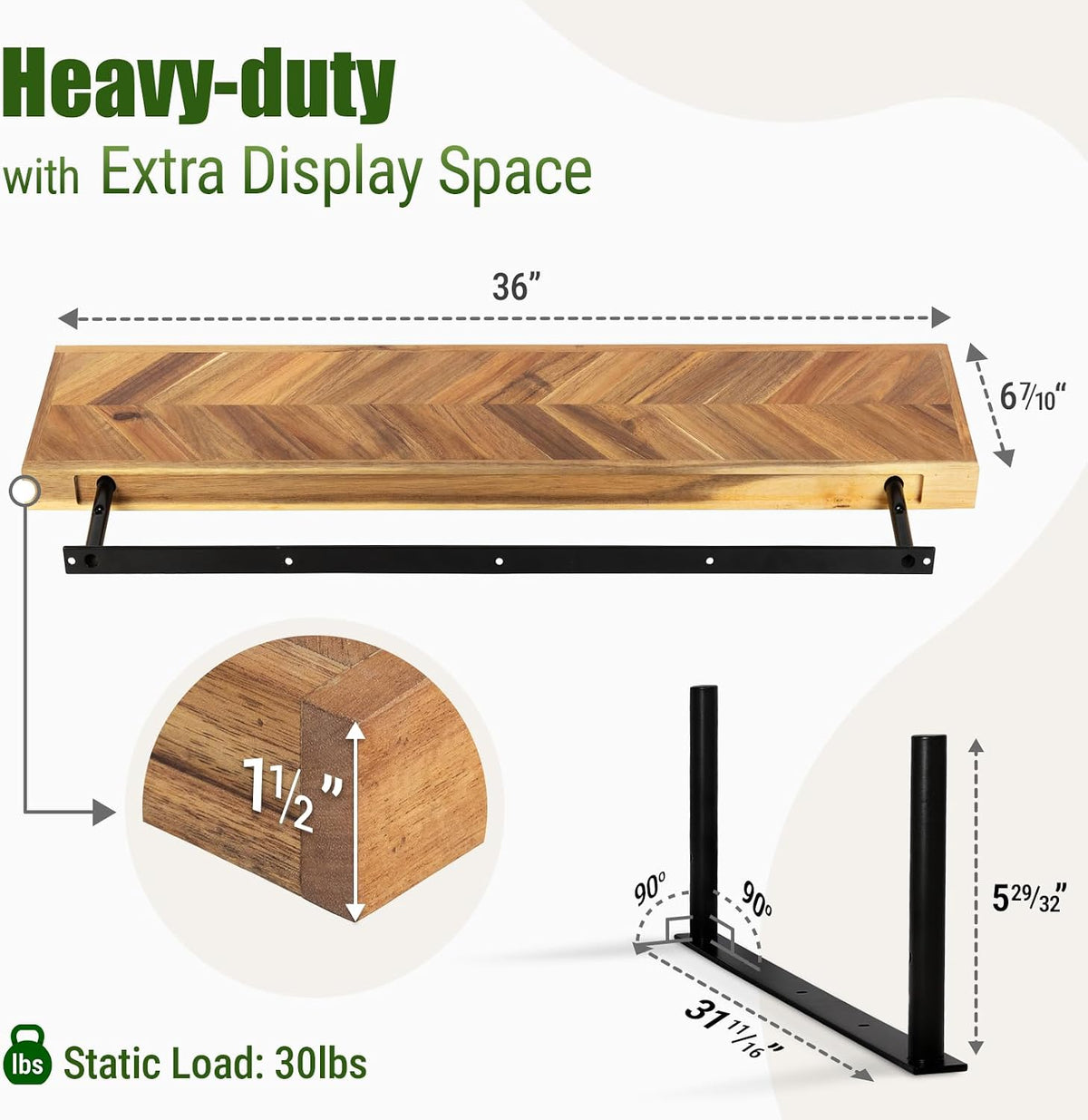 Howizz 36" Acacia Chevron Floating Shelves Set of 2 - Wall Mounted Woode...