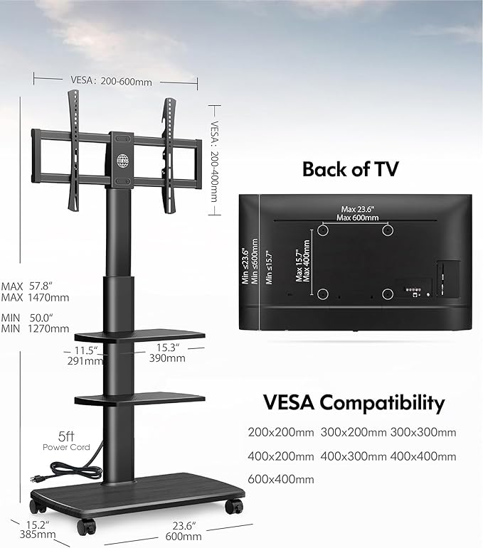 FITUEYES Rolling TV Stand with Power Outlets, Swivel Portable TV Stand - Image 6