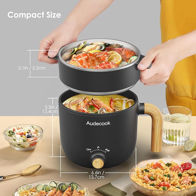 Audecook Hot Pot Electric with Steamer, 1.5L Portable Nonstick Rapid Noodles - Image 4