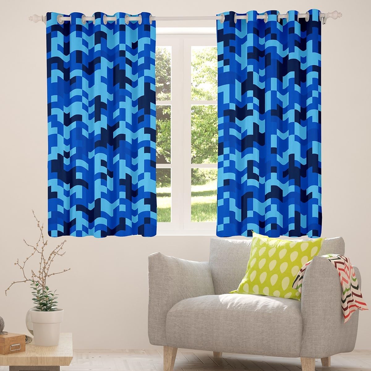 Castle Fairy Navy Blue Camouflage Window Curtain,Geometric Checked Bedroom Decor Curtains,Kids Boys Teens Pixelated Miner Style Window Treatment Video Games 100% Blackout Drapes 2 Panels,38Wx54L