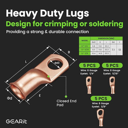 GEARit 8 Gauge Ground Wire Kit, All-in-One Kit: Crimping Tool, 15 Lugs - Image 4