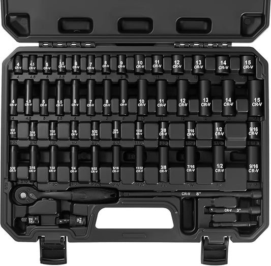56-Piece 1/4" Drive Socket Set, SAE & Metric, Deep & Shallow, 72-Tooth Ratchet by Reniteco