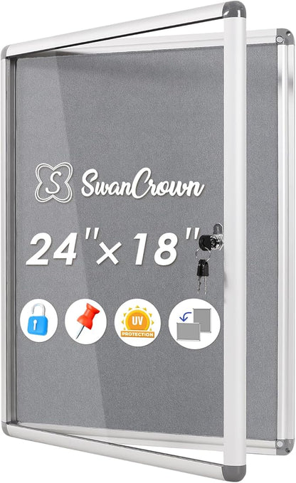 SWANCROWN Enclosed Bulletin Board 24x18 in, Tamperproof Lockable Grey Felt by SWANCROWN