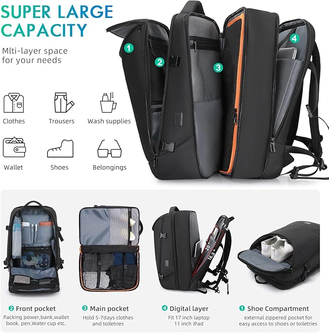 Travel Carry on Backpack 50L Expandable Flight Approved Backpacks 17.3 inch - Image 3