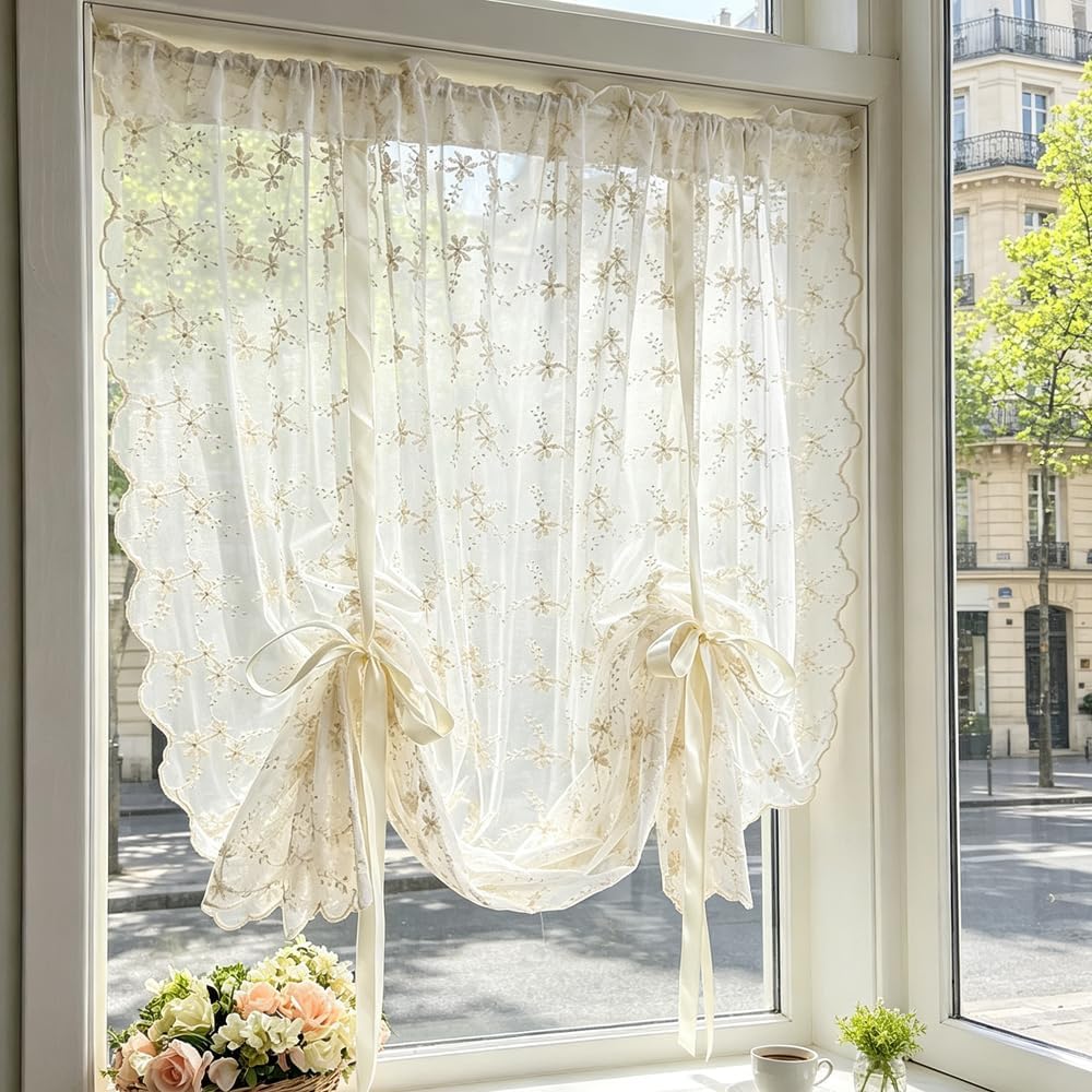Beige Romantic Little Floral Woven Lace Tie Up Balloon Curtain for Kitchen | Liftable Tier Roman Blind Scallop Edge Lace Cafe Curtain Victorian Drapes for Small Window Balcony Doorway Rod Pocket