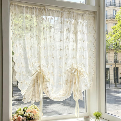 Beige Romantic Little Floral Woven Lace Tie Up Balloon Curtain for Kitchen | Liftable Tier Roman Blind Scallop Edge Lace Cafe Curtain Victorian Drapes for Small Window Balcony Doorway Rod Pocket