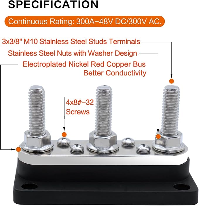 AMOMD 300A Bus Bars 3 Terminal Studs M10 4 8#-32 Screws Nickel Plated Copper - Image 2