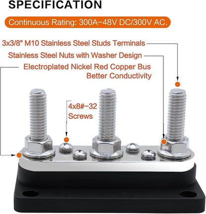 AMOMD 300A Bus Bars 3 Terminal Studs M10 4 8#-32 Screws Nickel Plated Copper - Image 2