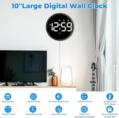 SZELAM Digital Wall Clock, Adjustable Brightness, Temperature, 12/24 H - Image 3